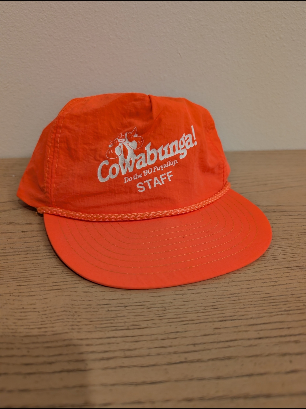 Vintage 1990 Puyallup Fair "Cowabunga!" Staff Strapback Hat - Neon Orange